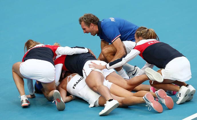 TENNIS FED CUP FINAL, Team France celebrates winning the fed cup on day 2 of the Fed Cup Final tennis competition between Australia and France at RAC Arena in Perth, Saturday, November 10, 2019. ( NO ARCHIVING, EDITORIAL USE ONLY, NO USE IN BOOKS WITHOUT CONSENT PERTH WA AUSTRALIA  Copyright: xGARYxDAYx 20191110001431886383