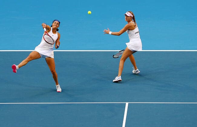 TENNIS FED CUP FINAL, Caroline Garcia of France in action with partner Kristina Mladenovic during the doubles match against Ash Barty and Sam Stosur of Australia on day 2 of the Fed Cup Final tennis competition between Australia and France at RAC Arena in Perth, Saturday, November 10, 2019. ( NO ARCHIVING, EDITORIAL USE ONLY, NO USE IN BOOKS WITHOUT CONSENT PERTH WA AUSTRALIA  Copyright: xGARYxDAYx 20191110001431887050