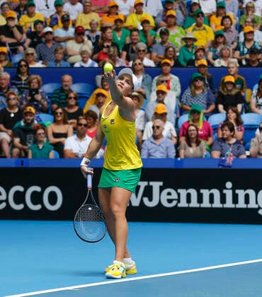 10th November 2019; RAC Arena, Perth, Western Australia, Australia; Fed Cup by BNP Paribas Final Tennis, Australia versus France; Ash Barty of Australia serves to Kristina Mladenivic of France - Editorial Use  ActionPlus12186260 DavidxWoodley