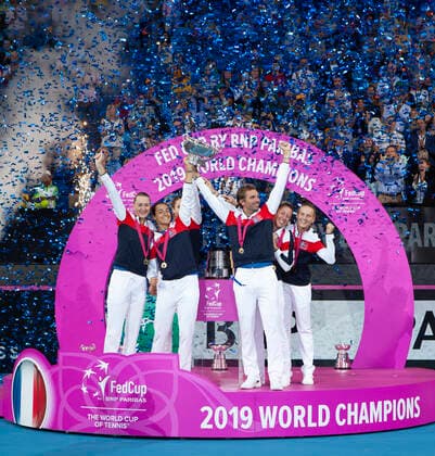 10th November 2019; RAC Arena, Perth, Western Australia, Australia; Fed Cup by BNP Paribas Final Tennis, Australia versus France; The French team celebrates their win over Australia 3 rubbers to 2 - Editorial Use  ActionPlus12186234 DavidxWoodley