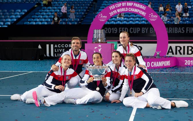 10th November 2019; RAC Arena, Perth, Western Australia, Australia; Fed Cup by BNP Paribas Final Tennis, Australia versus France; The French team pose with the Fed Cup after defeating Australia 3 rubbers to 2 - Editorial Use  ActionPlus12186239 DavidxWoodley
