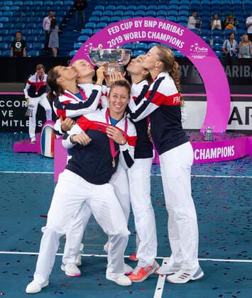 10th November 2019; RAC Arena, Perth, Western Australia, Australia; Fed Cup by BNP Paribas Final Tennis, Australia versus France; The French team pose with the Fed Cup after defeating Australia 3 rubbers to 2 - Editorial Use  ActionPlus12186241 DavidxWoodley
