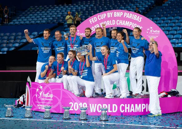10th November 2019; RAC Arena, Perth, Western Australia, Australia; Fed Cup by BNP Paribas Final Tennis, Australia versus France; The French squad celebrate their Fed Cup win over Australia 3 rubbers to 2 - Editorial Use  ActionPlus12186242 DavidxWoodley