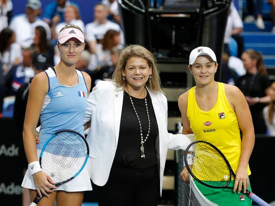 10th November 2019; RAC Arena, Perth, Western Australia, Australia; Fed Cup by BNP Paribas Final Tennis, Australia versus France; Ash Barty of Australia and Kristina Mladenivic of France pose for photographs before their match - Editorial Use  ActionPlus12186252 DavidxWoodley