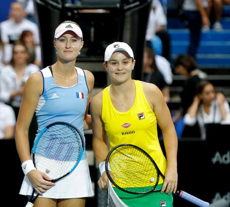 10th November 2019; RAC Arena, Perth, Western Australia, Australia; Fed Cup by BNP Paribas Final Tennis, Australia versus France; Ash Barty of Australia and Kristina Mladenivic of France pose for photographs before their match - Editorial Use  ActionPlus12186253 DavidxWoodley