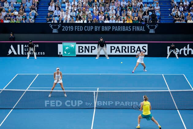 10th November 2019; RAC Arena, Perth, Western Australia, Australia; Fed Cup by BNP Paribas Final Tennis, Australia versus France; Caroline Garcia of France plays a backhand from the baseline during the doubles against Australia  ActionPlus12186327 DavidxWoodley