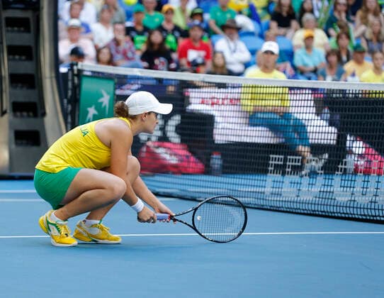 10th November 2019; RAC Arena, Perth, Western Australia, Australia; Fed Cup by BNP Paribas Final Tennis, Australia versus France; Ash Barty of Australia at the net during the doubles  ActionPlus12186329 DavidxWoodley