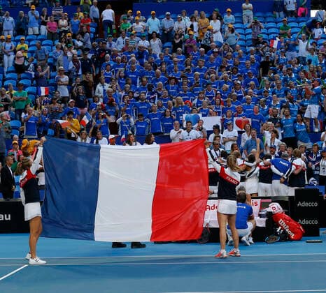 10th November 2019; RAC Arena, Perth, Western Australia, Australia; Fed Cup by BNP Paribas Final Tennis, Australia versus France; The French team display the French flag after defeating Australia in the Fed Cup  ActionPlus12186365 DavidxWoodley