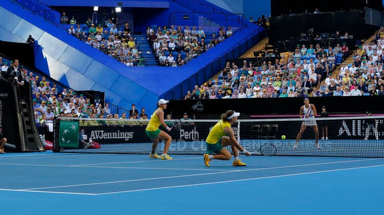 10th November 2019; RAC Arena, Perth, Western Australia, Australia; Fed Cup by BNP Paribas Final Tennis, Australia versus France; Sam Stosur of Australia plays a volley at the net against France during the doubles  ActionPlus12186317 DavidxWoodley