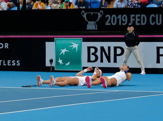 10th November 2019; RAC Arena, Perth, Western Australia, Australia; Fed Cup by BNP Paribas Final Tennis, Australia versus France; Kristina Mladenivic and Caroline Garcia of France hug after winning Fed Cup 3 rubbers to 2 against Australia  ActionPlus12186348 DavidxWoodley