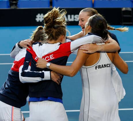 10th November 2019; RAC Arena, Perth, Western Australia, Australia; Fed Cup by BNP Paribas Final Tennis, Australia versus France; The French team celebrate winning the Fed Cup against Australia 3 rubbers to 2  ActionPlus12186369 DavidxWoodley