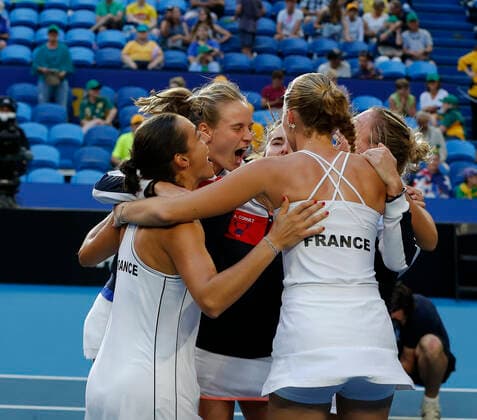 10th November 2019; RAC Arena, Perth, Western Australia, Australia; Fed Cup by BNP Paribas Final Tennis, Australia versus France; The French team celebrate winning the Fed Cup against Australia 3 rubbers to 2  ActionPlus12186370 DavidxWoodley
