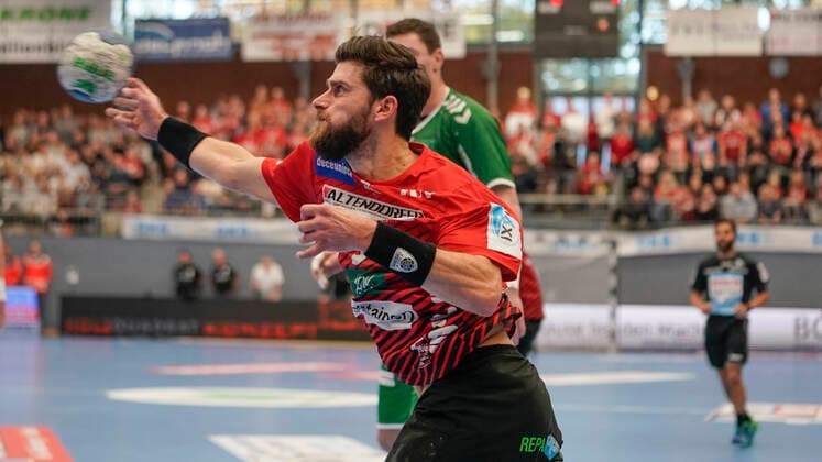 10 11 2019, Euregium, Nordhorn, GER, Handball 1 Bundesliga, Men HSG Nordhorn Lingen vs Füchse Berlin, Pavel Mickal HSG Nordhorn Lingen 9 DFL REGULATIONS PROHIBIT ANY USE OF PHOTOGRAPHS AS IMAGE SEQUENCES AND OR QUASI VIDEO Nordhorn Niedersachsen Germany Euregium