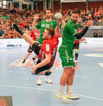 10 11 2019, Euregium, Nordhorn, GER, Handball 1 Bundesliga, Men HSG Nordhorn Lingen vs Foxes Berlin, Dominik Kalafut HSG Nordhorn Lingen 95 vs Fabian Wiede Foxes Berlin 3 DFL REGULATIONS PROHIBIT ANY USE OF PHOTOGRAPHS AS IMAGE SEQUENCES AND OR QUASI VIDEO Nordhorn Niedersachsen Germany Euregium