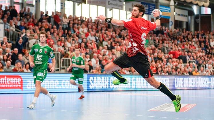10 11 2019, Euregium, Nordhorn, GER, Handball 1 Bundesliga, Men HSG Nordhorn Lingen vs Füchse Berlin, Pavel Mickal HSG Nordhorn Lingen 9 DFL REGULATIONS PROHIBIT ANY USE OF PHOTOGRAPHS AS IMAGE SEQUENCES AND OR QUASI VIDEO Nordhorn Niedersachsen Germany Euregium