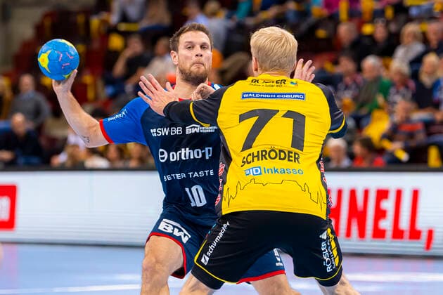 Bietigheim, Germany 10 November 2019 2 BL 19 20 SG BBM Bietigheim vs HSC 2000 Coburg Michael Kraus SG BBM Bietigheim , Andreas Schröder Schroeder Coburg Ludwigsburg MHP Arena Baden Württemberg Germany