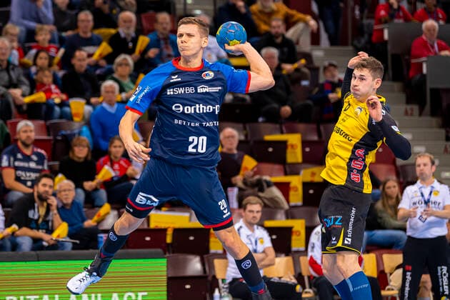 Bietigheim, Germany 10 November 2019 2 BL 19 20 SG BBM Bietigheim vs HSC 2000 Coburg Tim Dahlhaus SG BBM Bietigheim , Max Jaeger Coburg Ludwigsburg MHP Arena Baden Württemberg Germany