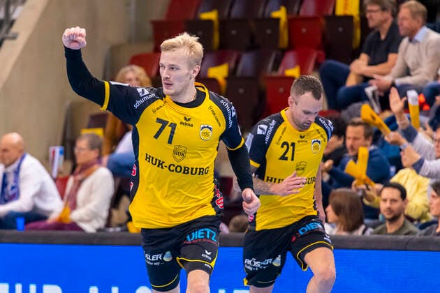 Bietigheim, Germany 10 November 2019 2 BL 19 20 SG BBM Bietigheim vs HSC 2000 Coburg v left Andreas Schröder Schroeder Coburg , Florian Billek Coburg Ludwigsburg MHP Arena Baden Württemberg Germany