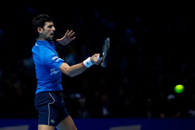 10th November 2019; 02 Arena. London, England; Nitto ATP, Tennis Herren Tennis Finals; Novak Djokovic (Serbia) with a forehand return to Matteo Berrettini (Italy) - Editorial Use  ActionPlus12186530 ShaunxBrooks