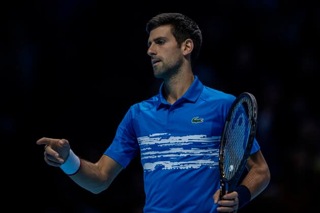10th November 2019; 02 Arena. London, England; Nitto ATP, Tennis Herren Tennis Finals; Novak Djokovic (Serbia) points to his towel - Editorial Use  ActionPlus12186532 ShaunxBrooks