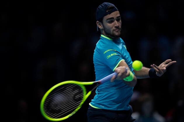 10th November 2019; 02 Arena. London, England; Nitto ATP, Tennis Herren Tennis Finals; Matteo Berrettini (Italy) with a forehand return to Novak Djokovic (Serbia) - Editorial Use  ActionPlus12186535 ShaunxBrooks