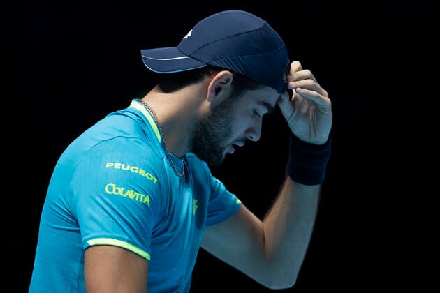 10th November 2019; 02 Arena. London, England; Nitto ATP, Tennis Herren Tennis Finals; A dejected Matteo Berrettini (Italy) as he loose his serve to Novak Djokovic (Serbia) - Editorial Use  ActionPlus12186537 ShaunxBrooks