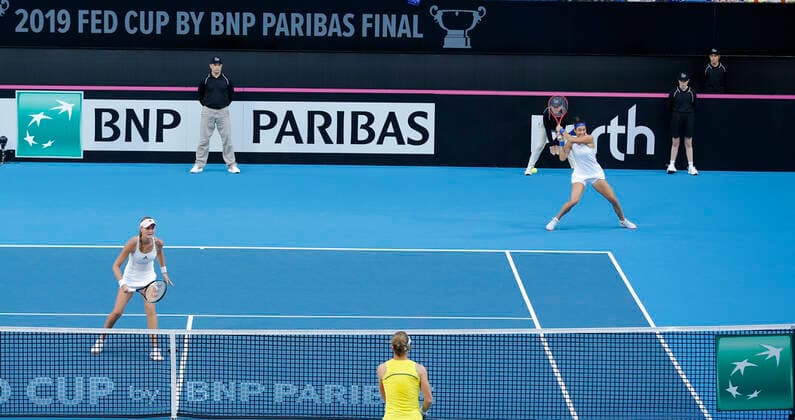 10th November 2019; RAC Arena, Perth, Western Australia, Australia; Fed Cup by BNP Paribas Final Tennis, Australia versus France; Caroline Garcia of France plays a backhand during the doubles against Australia Editorial Use  ActionPlus12186620 DavidxWoodley