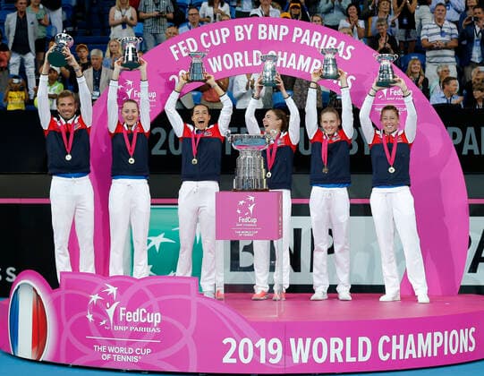 10th November 2019; RAC Arena, Perth, Western Australia, Australia; Fed Cup by BNP Paribas Final Tennis, Australia versus France; Team France celebrate winning the Fed Cup against Australia 3 rubbers to 2 Editorial Use  ActionPlus12186643 DavidxWoodley