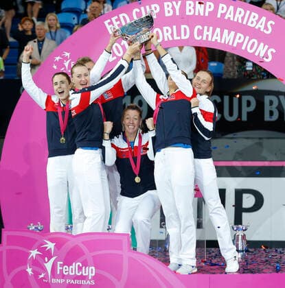 10th November 2019; RAC Arena, Perth, Western Australia, Australia; Fed Cup by BNP Paribas Final Tennis, Australia versus France; Team France celebrate winning the Fed Cup against Australia 3 rubbers to 2 Editorial Use  ActionPlus12186651 DavidxWoodley