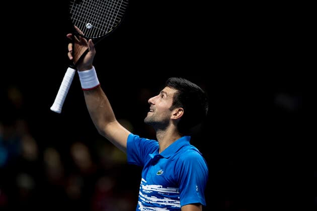 10th November 2019; 02 Arena. London, England; Nitto ATP, Tennis Herren Tennis Finals; Novak Djokovic (Serbia) celebrates his 2 sets to love win against Matteo Berrettini (Italy) - Editorial Use  ActionPlus12186669 ShaunxBrooks