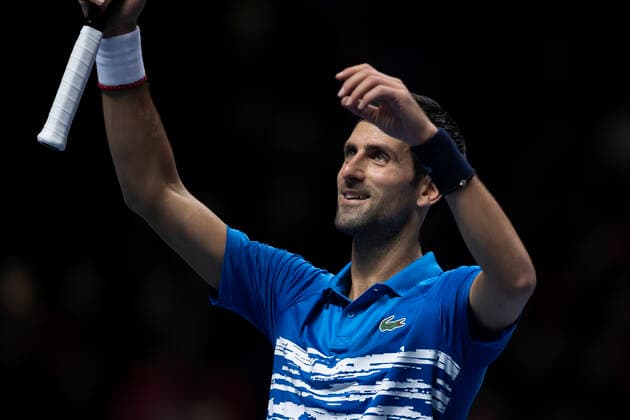 10th November 2019; 02 Arena. London, England; Nitto ATP, Tennis Herren Tennis Finals; Novak Djokovic (Serbia) celebrates his 2 sets to love win against Matteo Berrettini (Italy) - Editorial Use  ActionPlus12186670 ShaunxBrooks