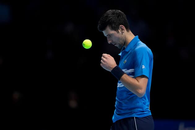 10th November 2019; 02 Arena. London, England; Nitto ATP, Tennis Herren Tennis Finals; Novak Djokovic (Serbia) prepares to serve at match point to Matteo Berrettini (Italy) - Editorial Use  ActionPlus12186672 ShaunxBrooks