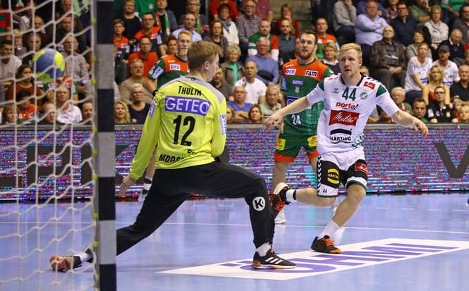 Magdeburg, Germany 10 11 2019 1 Handball Bundesliga 2019 2020 SC Magdeburg vs GWD Minden L R Tobias Thulin Magdeburg , Kevin Maageroe Gulliksen Minden Magdeburg Sachsen Anhalt Germany GETEC ARENA