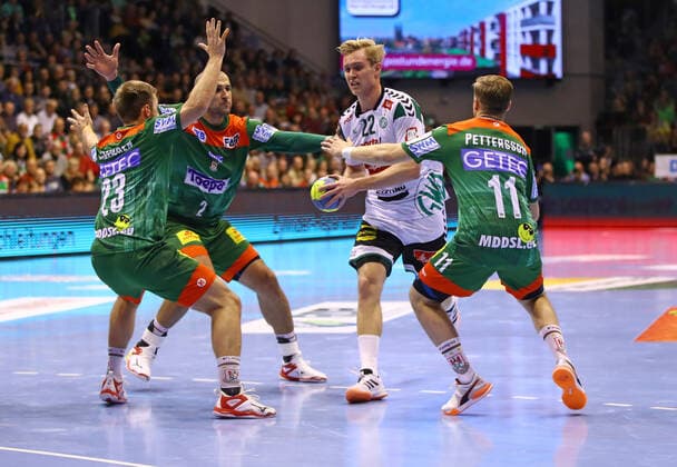 Magdeburg, Germany 10 11 2019 1 Handball Bundesliga 2019 2020 SC Magdeburg vs GWD Minden L R Albin Lagergren Magdeburg , Zeljko Musa Magdeburg , Marian Michalczik Minden , Daniel Pettersson Magdeburg Magdeburg Sachsen Anhalt Germany GETEC ARENA