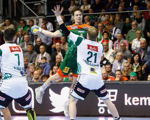 10 11 2019, xtgx, Handball Liqui Moly HBL, SC Magdeburg GWD Minden emspor, v l Michael Damgaard Magdeburg, 34 scores goal, goal scorer, scored goal, scores the goal GETEC Arena