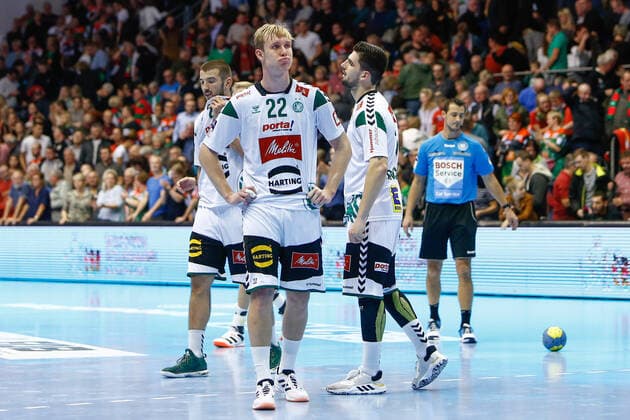 10 11 2019, xtgx, Handball Liqui Moly HBL, SC Magdeburg GWD Minden emspor, v l Minden around Marian Michalczik Minden, 22 disappointed, looks disappointed, knocked down, disappointed GETEC Arena