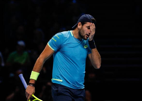 10th November 2019; O2 Arena, London, England; Nitto ATP, Tennis Herren Tennis Finals; Matteo Berrettini (ITA) shows emotion in his match against Novak Djokovic (SRB) - Editorial Use  ActionPlus12186741 HongboxChen
