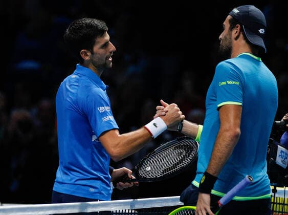 10th November 2019; O2 Arena, London, England; Nitto ATP, Tennis Herren Tennis Finals; Matteo Berrettini (ITA) shakes hands with Novak Djokovic (SRB) after theb match - Editorial Use  ActionPlus12186755 HongboxChen