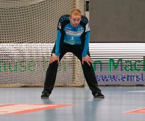 10 11 2019, Euregium, Nordhorn, GER, Handball 1 Bundesliga, Men HSG Nordhorn Lingen vs Füchse Berlin, Bart Ravensbergen HSG Nordhorn Lingen 1 DFL REGULATIONS PROHIBIT ANY USE OF PHOTOGRAPHS AS IMAGE SEQUENCES AND OR QUASI VIDEO Nordhorn Niedersachsen Germany Euregium