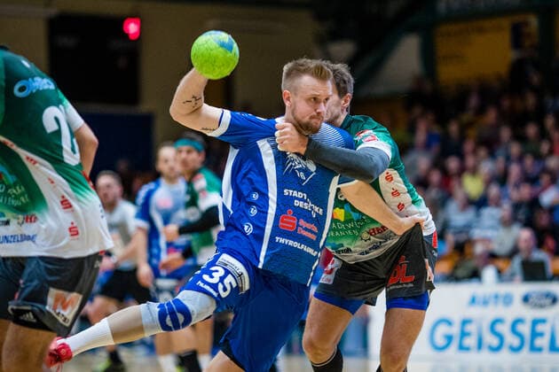 Max Scheithauer 35 Dessau Rosslauer HV 06 during the match in the 3 League Handball Men Season 2019 2020 between Dessau Rosslauer HV 06 and Oranienburger HC in the Anhalt Arena on 10 November 2019 in Dessau Rosslau, Saxony Anhalt, Germany