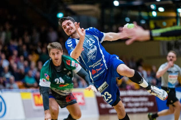Lennert Gliese 23 Dessau Rosslauer HV 06 , Robin Spickers 24 Oranienburger HC during the match in the 3 League Handball Men Season 2019 2020 between Dessau Rosslauer HV 06 and Oranienburger HC in the Anhalt Arena on 10 November 2019 in Dessau Rosslau, Saxony Anhalt, Germany