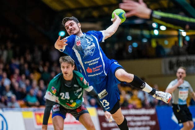 Lennert Gliese 23 Dessau Rosslauer HV 06 , Robin Spickers 24 Oranienburger HC during the match in the 3 League Handball Men Season 2019 2020 between Dessau Rosslauer HV 06 and Oranienburger HC in the Anhalt Arena on 10 November 2019 in Dessau Rosslau, Saxony Anhalt, Germany