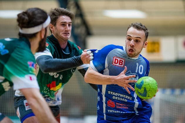 Vincent Sohmann 10 Dessau Rosslauer HV 06 , Robin Spickers 24 Oranienburger HC during the match in the 3 League Handball Men Season 2019 2020 between Dessau Rosslauer HV 06 and Oranienburger HC in the Anhalt Arena on 10 November 2019 in Dessau Rosslau, Saxony Anhalt, Germany