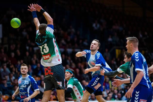 Vincent Sohmann 10 Dessau Rosslauer HV 06 , Julius Heil 23 Oranienburger HC during the match in the 3 League Handball Men Season 2019 2020 between Dessau Rosslauer HV 06 and Oranienburger HC in the Anhalt Arena on 10 November 2019 in Dessau Rosslau, Saxony Anhalt, Germany