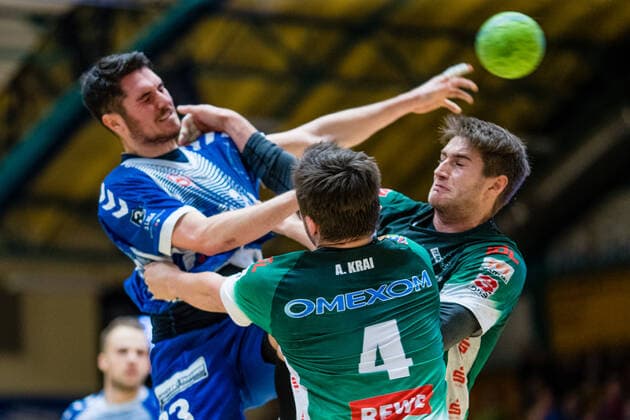 Lennert Gliese 23 Dessau Rosslauer HV 06 , Robin Spickers 24 Oranienburger HC , Aaron Krai 4 Oranienburger HC during the match in the 3 League Handball Mens Season 2019 2020 between Dessau Rosslauer HV 06 and Oranienburger HC in the Anhalt Arena on 10 November 2019 in Dessau Rosslau, Saxony Anhalt, Germany