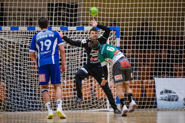 Tom Landgraf 71 Dessau Rosslauer HV 06 , Dennis Schmöker 6 Oranienburger HC , Daniel Schmidt 19 Dessau Rosslauer HV 06 during the match in the 3 League Handball Mens Season 2019 2020 between Dessau Rosslauer HV 06 and Oranienburger HC in the Anhalt Arena on 10 November 2019 in Dessau Rosslau, Saxony Anhalt, Germany