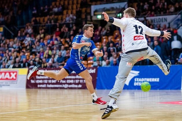 Jan Zahradnicek 33 Dessau Rosslauer HV 06 , Paul Porath 12 Oranienburger HC during the match in the 3 League Handball Men Season 2019 2020 between Dessau Rosslauer HV 06 and Oranienburger HC in the Anhalt Arena on 10 November 2019 in Dessau Rosslau, Saxony Anhalt, Germany