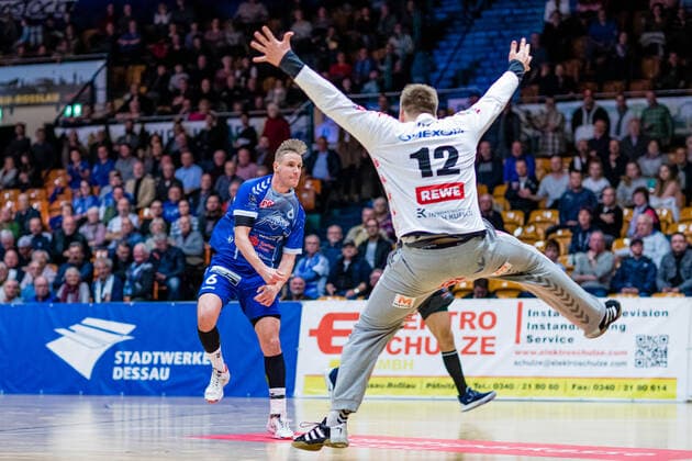 Jakub Hrstka 6 Dessau Rosslauer HV 06 , Paul Porath 12 Oranienburger HC during the match in the 3 League Handball Men Season 2019 2020 between Dessau Rosslauer HV 06 and Oranienburger HC in the Anhalt Arena on 10 November 2019 in Dessau Rosslau, Saxony Anhalt, Germany