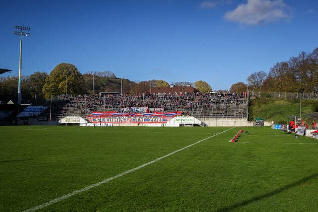 17 Matchday 19 20 Football Regionalliga West Wuppertaler SV Rot Weiss Essen on 10 11 2019 in the Stadium am Zoo in Wuppertal Fan curve of Wuppertaler SV in the Stadium am Zoo in Wuppertal