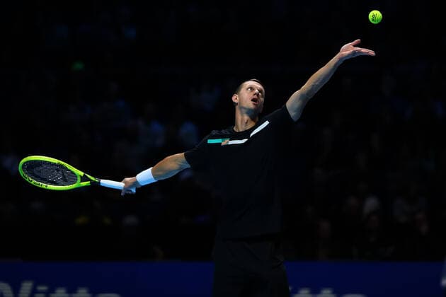 10th November 2019; 02 Arena. London, England; Nitto ATP, Tennis Herren Tennis Finals; Filip Polasek (SLO) serves in his doubles match - Editorial Use  ActionPlus12186809 ShaunxBrooks